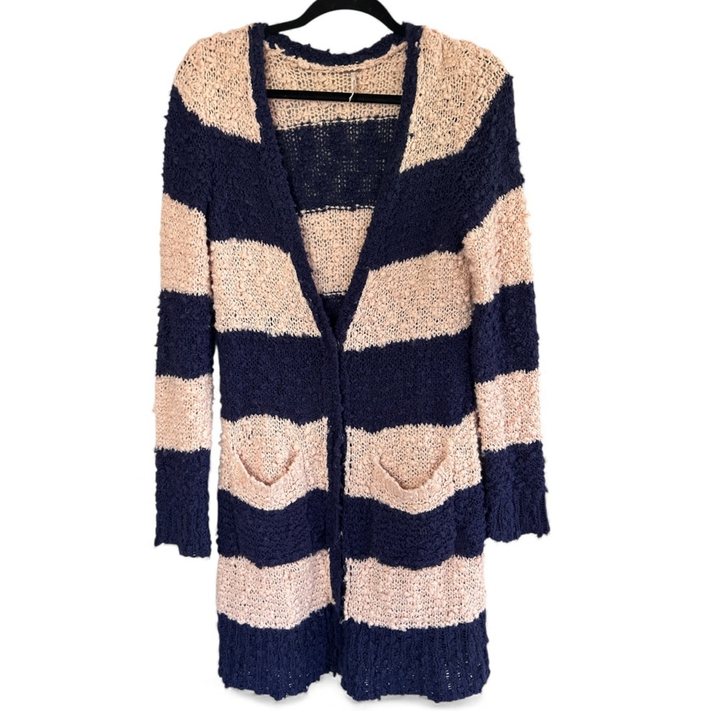 FREE PEOPLE Rugby Striped Chunky Bouclé Knit Long Cardigan Boho Cottage Size M